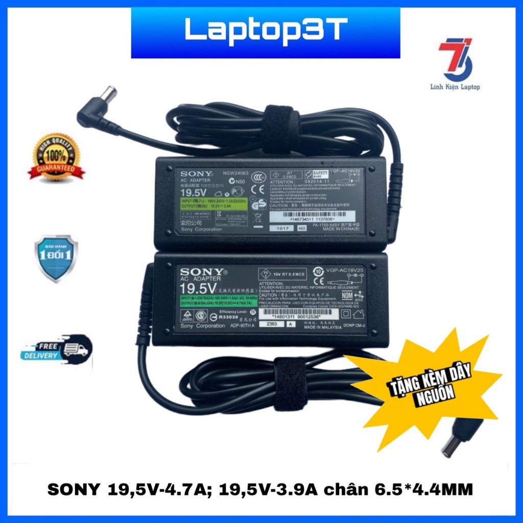 Sạc Máy Tính Laptop SONY 19V4.7A; 19V3.9A 90W Chân cắm 6.5*4.4MM Loại Tốt Chính Hãng ORG Bảo Hành 12 Tháng