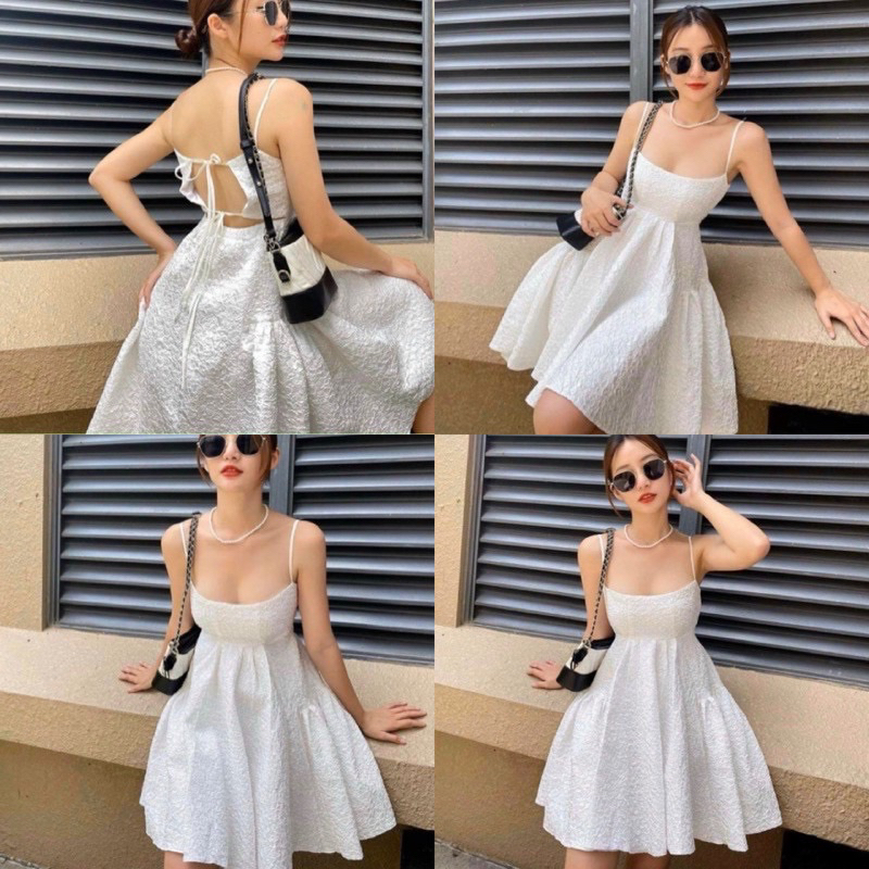 Đầm xoè đan dây lưng thắt nơ