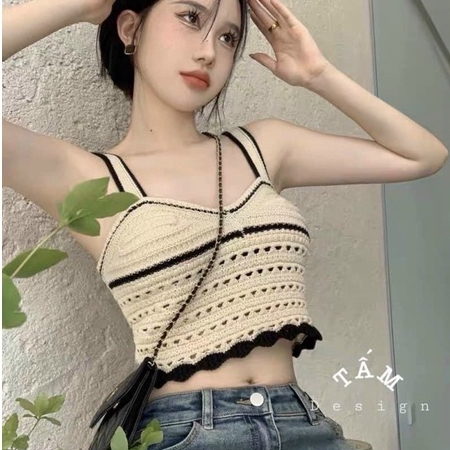 ÁO LEN CROPTOP 2 DÂY PHỐI VIỀN ĐEN Hàng Quảng Châu Loại 1, Phong Cách Trẻ Trung Tôn dáng siu đẹp, Thương Thương Shop
