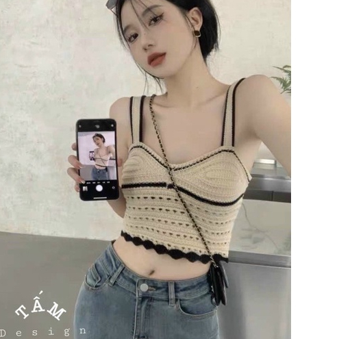 ÁO LEN CROPTOP 2 DÂY PHỐI VIỀN ĐEN Hàng Quảng Châu Loại 1, Phong Cách Trẻ Trung Tôn dáng siu đẹp, Thương Thương Shop