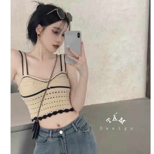 ÁO LEN CROPTOP 2 DÂY PHỐI VIỀN ĐEN Hàng Quảng Châu Loại 1, Phong Cách Trẻ Trung Tôn dáng siu đẹp, Thương Thương Shop