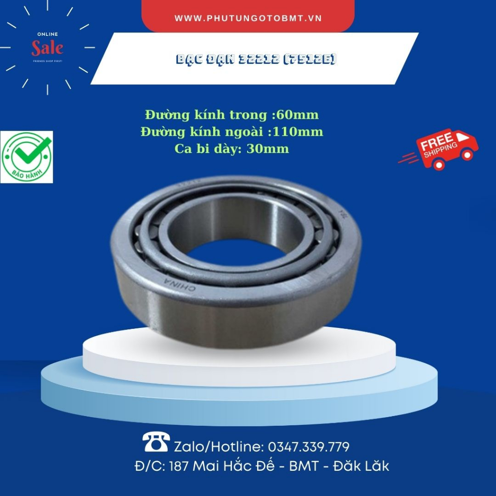 Vòng bi bánh xe tải (bạc đạn) 32212 (7512E), kích thước F60*F110*30, tải nhẹ, bi côn