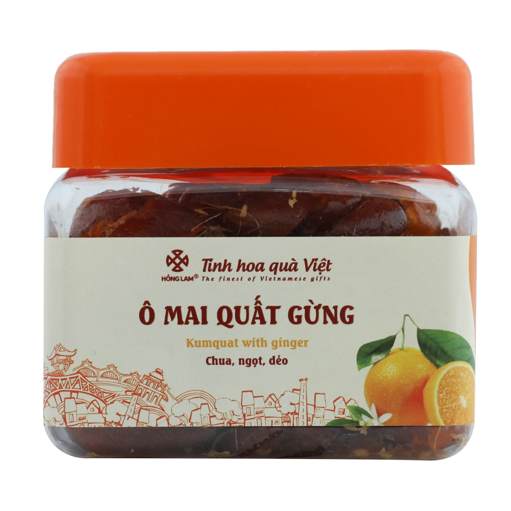 Ô mai (xí muội) quất gừng Hồng Lam, dạng hộp (200gr, 300gr, 500gr). Có vị chua, ngọt, dẻo