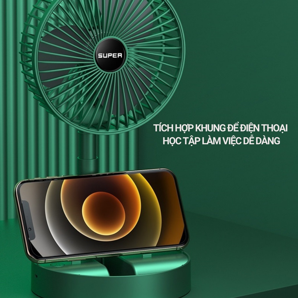 Quạt tích điện cầm tay mini SUPER quạt tích điện để bàn tiện dụng 3 tốc độ gió, cổng sạc USB xoay 180 độ siêu tiện lợi | BigBuy360 - bigbuy360.vn