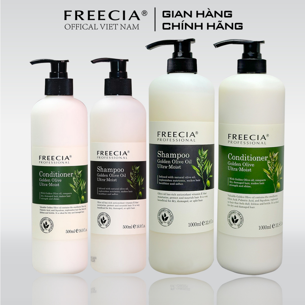 Combo Gội Xả dưỡng ẩm và phục hồi tóc hư tổn FREECIA Golden Olive 500ml 1000ml Lưu Hương 48h