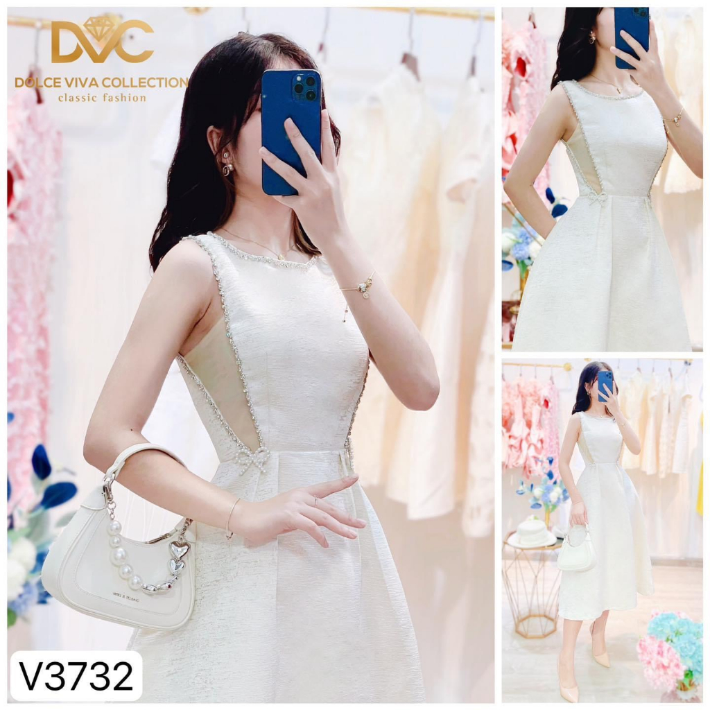V3732 Váy trắng tafta xoè dài đính đá  váy trắng ánh bạc dự tiệc sang chảnh