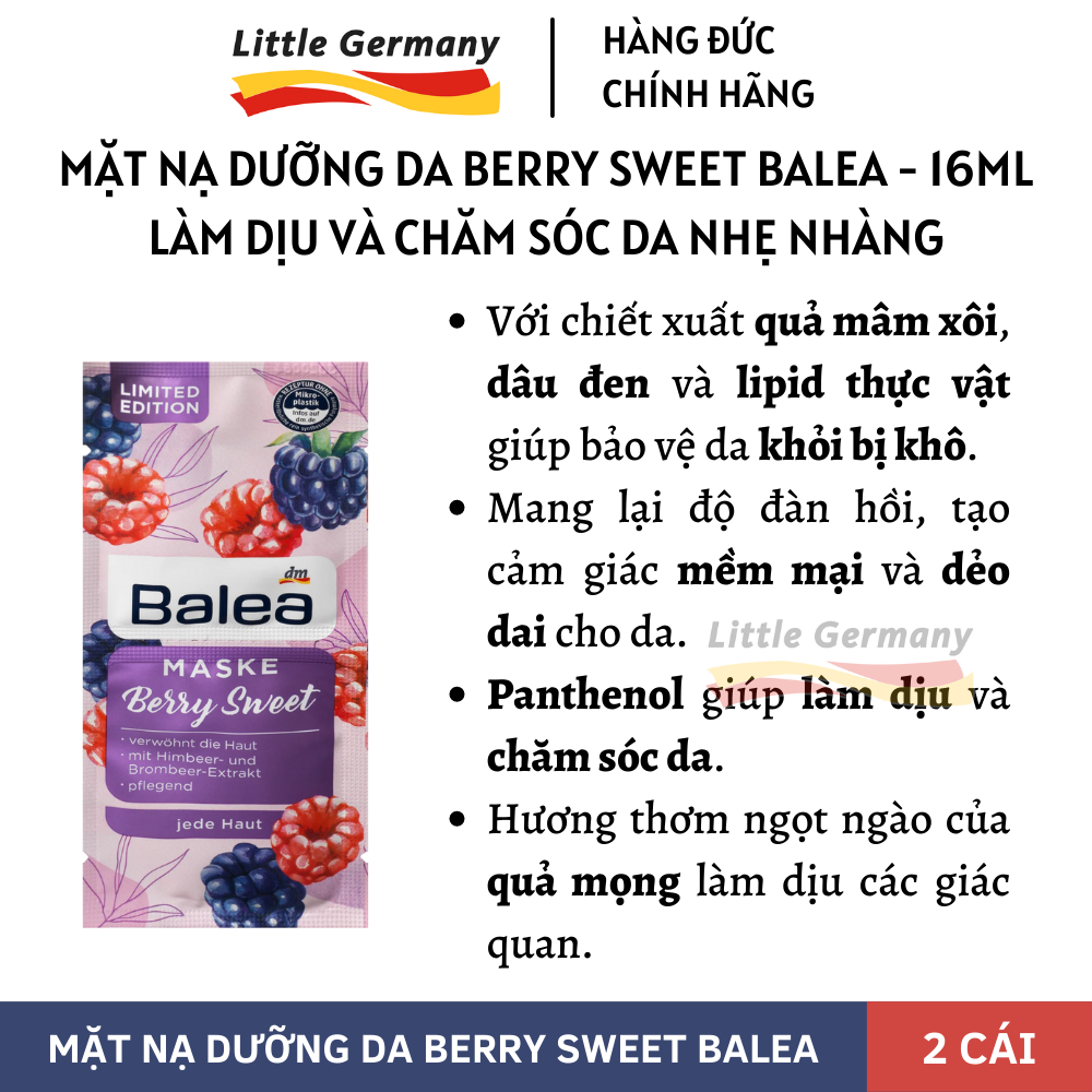 Mặt Nạ Dưỡng Da Balea Đức 16ML Gói 2 cái - Mặt nạ Retinol, Hyaluron, Tropical Dream, Aloe Vera, Berry Sweet - Hàng Đức