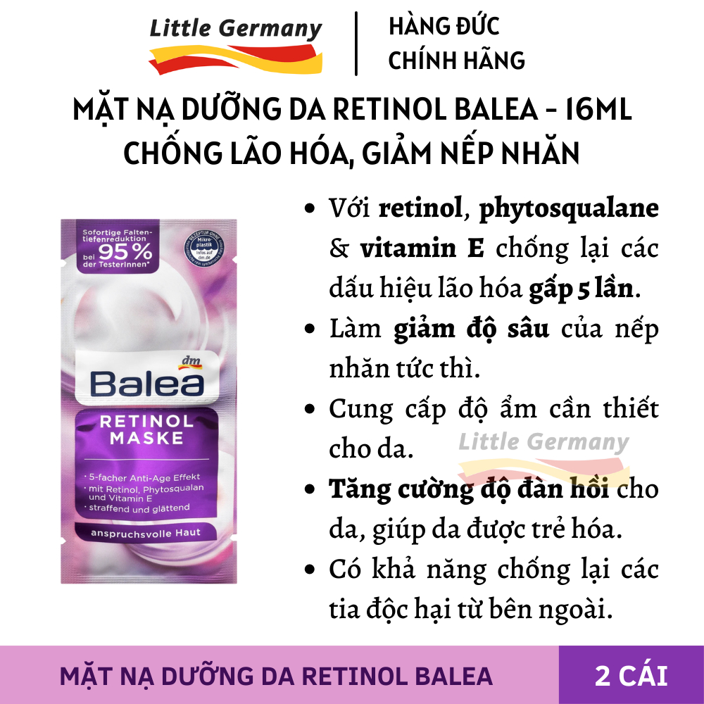 Mặt Nạ Dưỡng Da Balea Đức 16ML Gói 2 cái - Mặt nạ Retinol, Hyaluron, Tropical Dream, Aloe Vera, Berry Sweet - Hàng Đức
