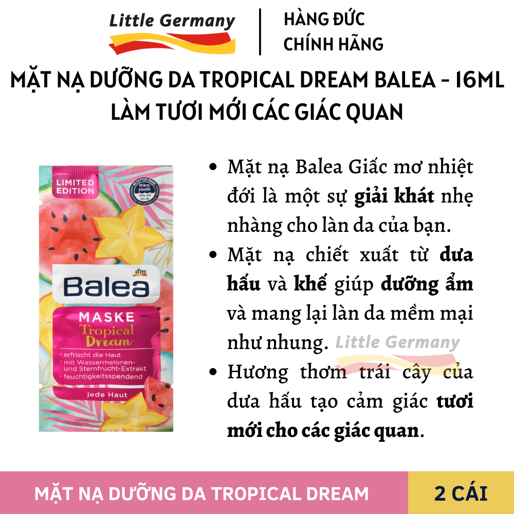 Mặt Nạ Dưỡng Da Balea Đức 16ML Gói 2 cái - Mặt nạ Retinol, Hyaluron, Tropical Dream, Aloe Vera, Berry Sweet - Hàng Đức