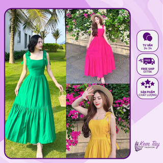 Đầm maxi đi biển, váy maxi đũi 2 dây buộc nơ vai dáng dài xoè 4 màu siêu xinh