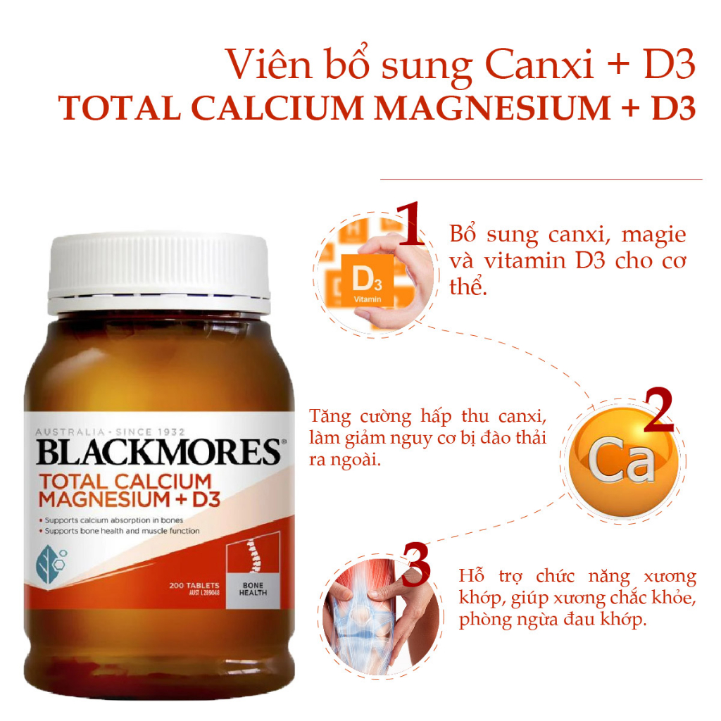 Viên uống bổ sung Canxi, Magie, D3, hỗ trợ xương khớp Total Calcium & Magnesium + D3  Blackmores Úc 200 viên
