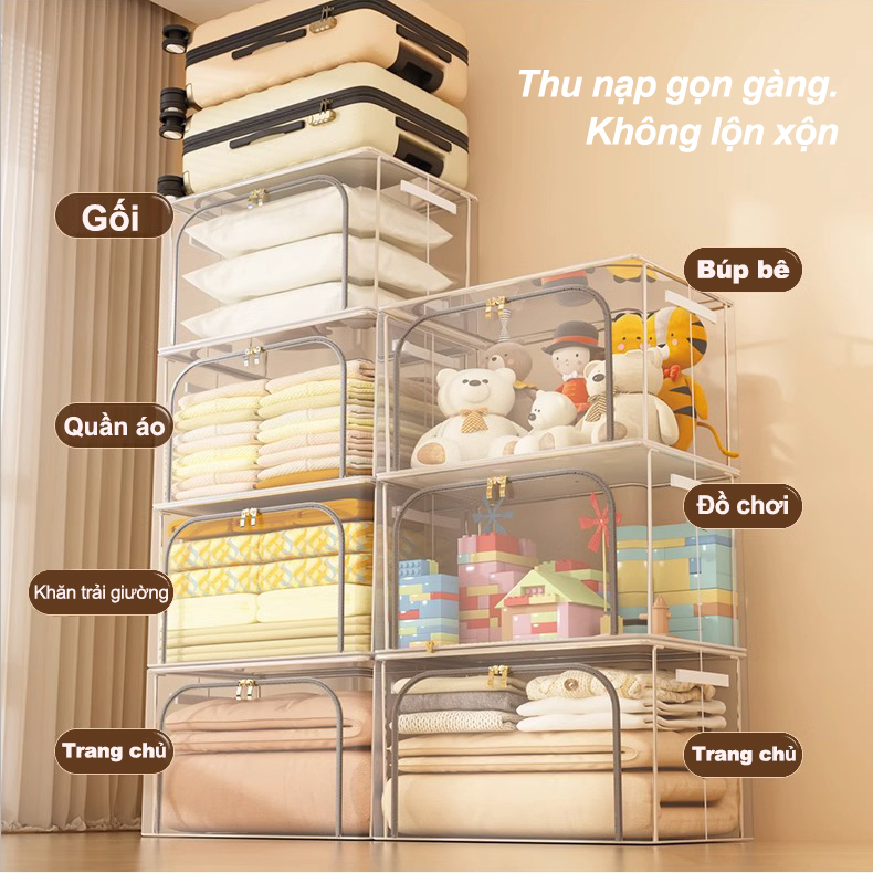 Túi Đựng Quần Áo hộp lưu trữ khung thép túi đựng chăn màn 110L hộp nhựa trong suốt không thấm PVC có thể gập lại | BigBuy360 - bigbuy360.vn