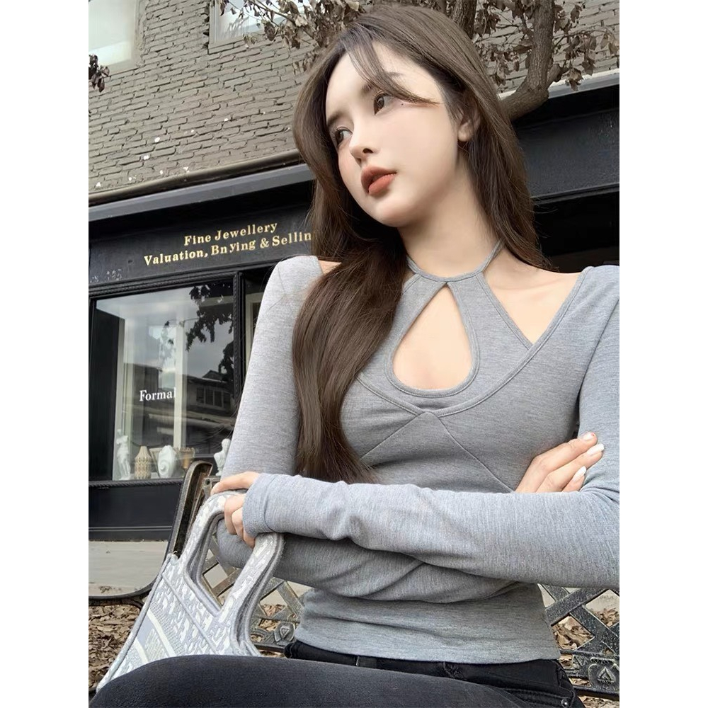 sét áo nữ côr đắp chéo thun màu cá tính tay dài y2010