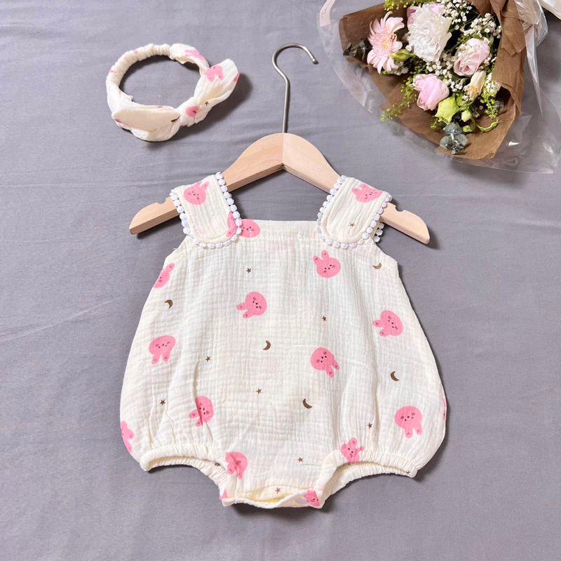 Bodysuit Thỏ, Body 2 Dây Chất Liệu Xô Muslin Xinh Xắn Cho Bé Gái