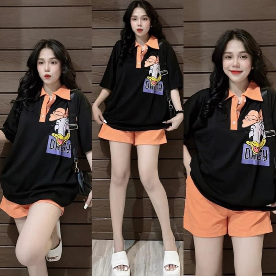 Set bộ đùi thun nữ, set áo thun tay ngắn cổ bẻ tay ngắn im vịt donal mix quần sooc đùi nhiều màu
