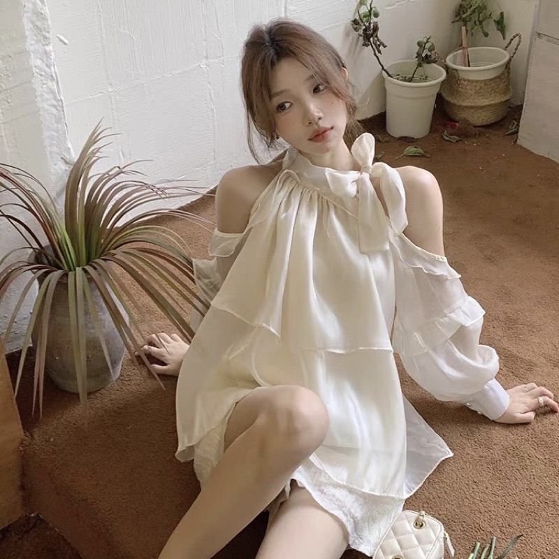 Áo sơ mi kiểu nữ tơ óng hở vai,áo trễ vai bánh bèo xinh xắn phối nơ hàng 2 lớp SA41 HOASUMO