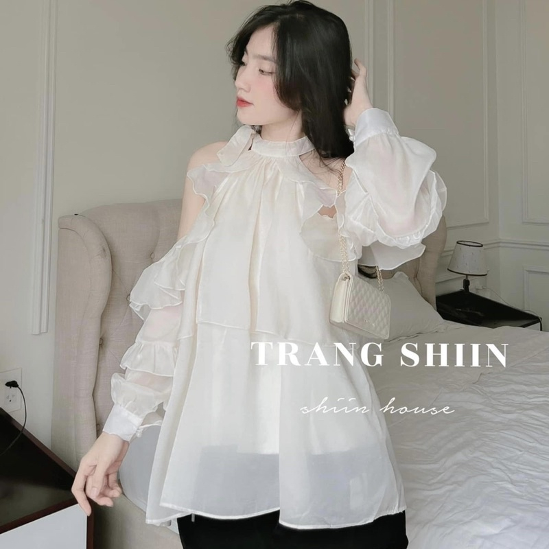 Áo sơ mi kiểu nữ tơ óng hở vai,áo trễ vai bánh bèo xinh xắn phối nơ hàng 2 lớp SA41 HOASUMO
