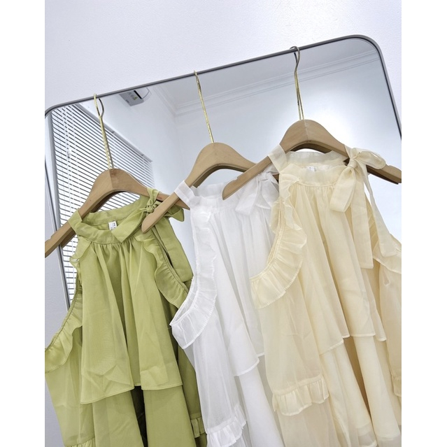 Áo sơ mi kiểu nữ tơ óng hở vai,áo trễ vai bánh bèo xinh xắn phối nơ hàng 2 lớp SA41 HOASUMO