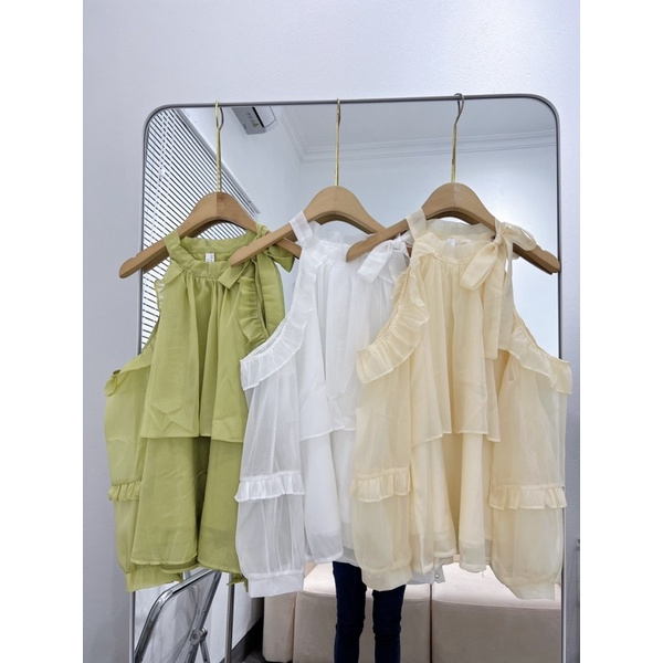 Áo sơ mi kiểu nữ tơ óng hở vai,áo trễ vai bánh bèo xinh xắn phối nơ hàng 2 lớp SA41 HOASUMO