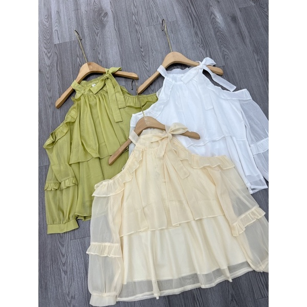 Áo sơ mi kiểu nữ tơ óng hở vai,áo trễ vai bánh bèo xinh xắn phối nơ hàng 2 lớp SA41 HOASUMO