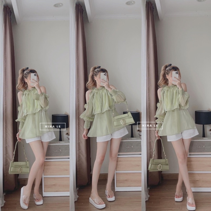 Áo sơ mi kiểu nữ tơ óng hở vai,áo trễ vai bánh bèo xinh xắn phối nơ hàng 2 lớp SA41 HOASUMO