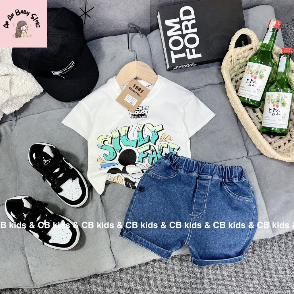 Bộ quần áo cotton quần jean cho bé trai kèm mũ