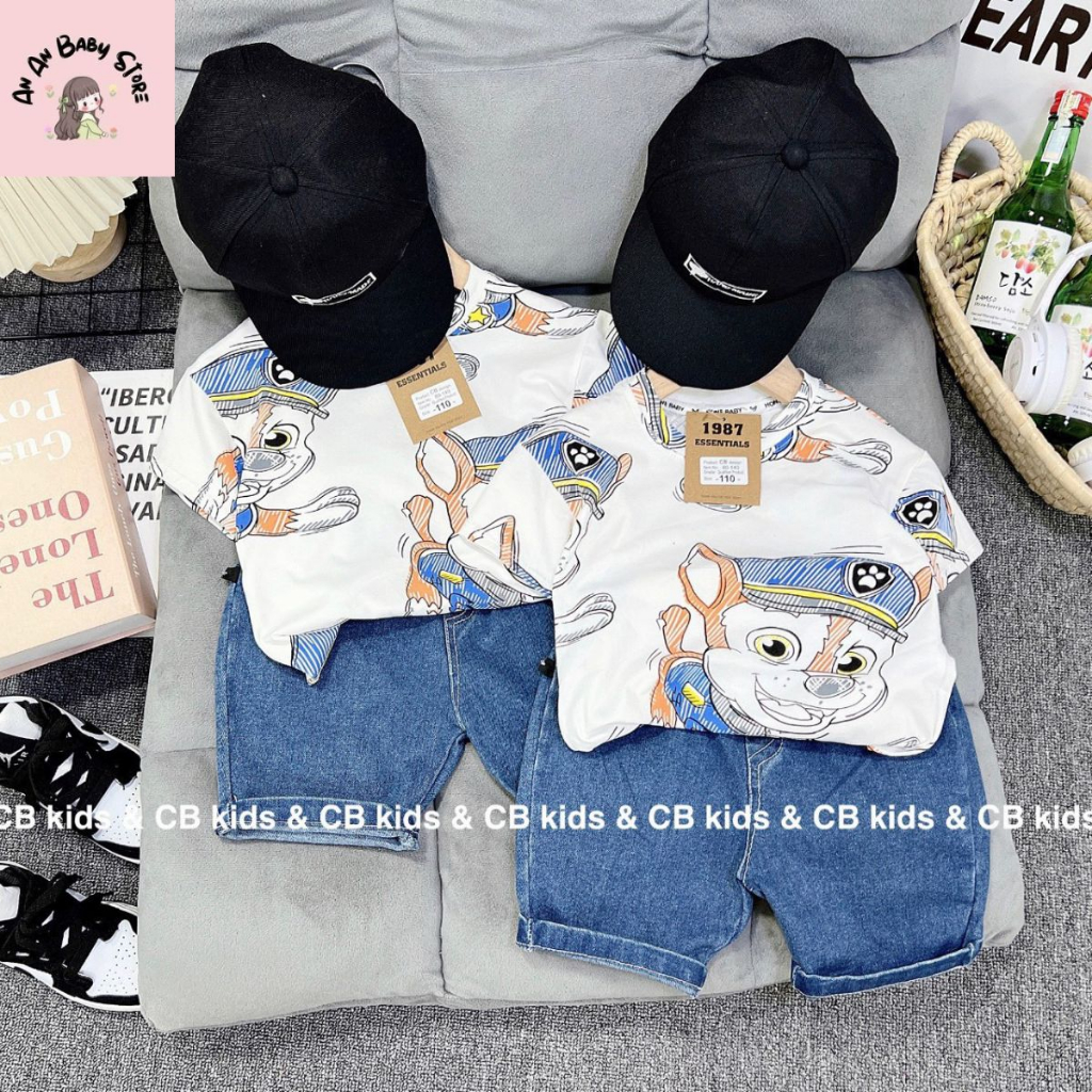 Bộ quần áo cotton in tràn hình sóc quần bò cho bé trai