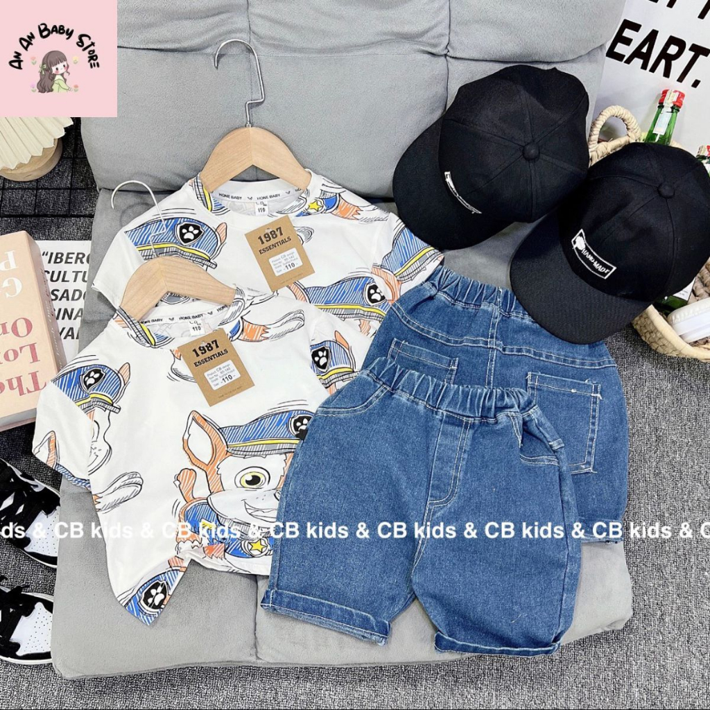 Bộ quần áo cotton in tràn hình sóc quần bò cho bé trai