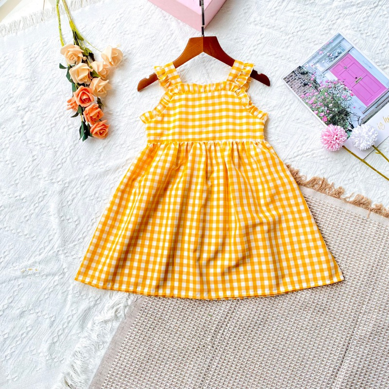 Đầm dây vàng caro chất mềm mặc thoải HANDYKIDS