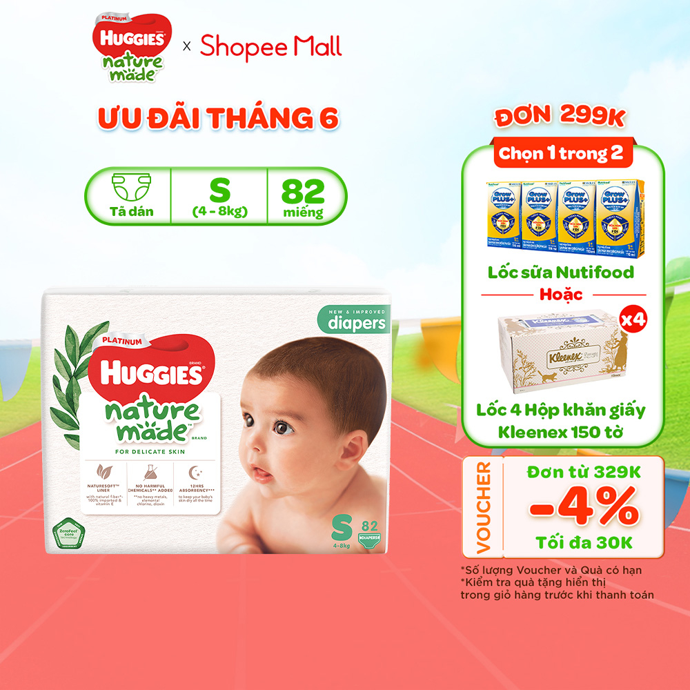 Tã Bỉm dán sơ sinh Huggies Platinum NatureMade S82 4-8kg-Gói Super Jumbo