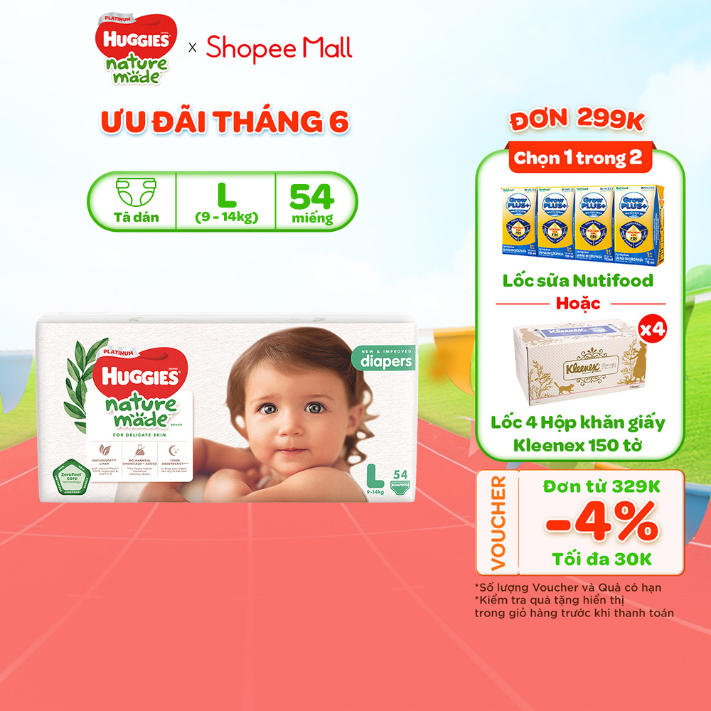 Tã Bỉm dán Huggies Platinum NatureMade M64 L54 XL44