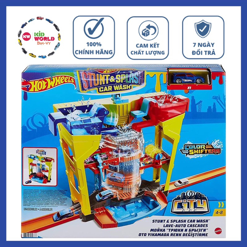 Bộ đường ray đua Hot Wheels Trạm rửa xe trên không Stunt & Splash Car Wash Playset GRW37.