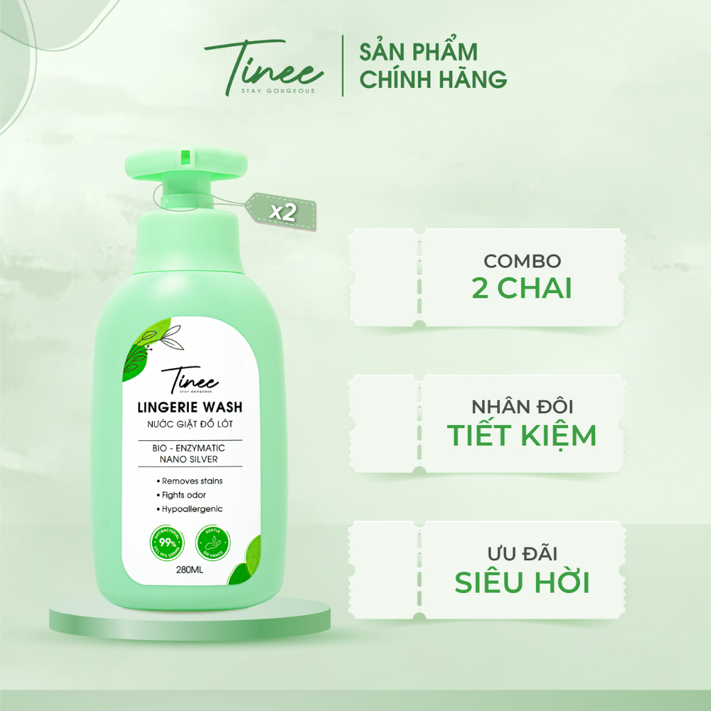 Combo 2 Nước giặt đồ lót Sinh học Tinee 280ml diệt khuẩn nấm Nano Bạc 280ml/ chai