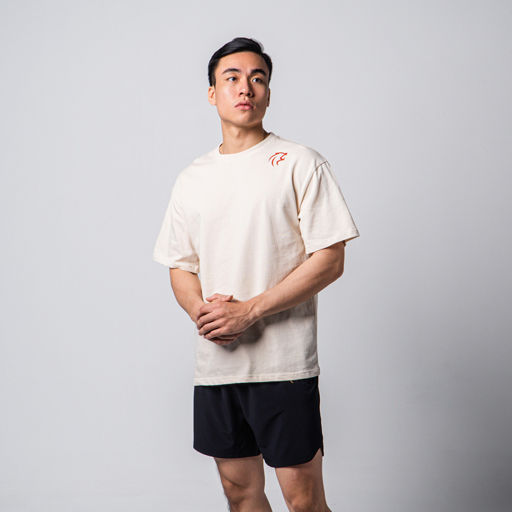Áo thun tập gym thể thao nam Gymlab tay ngắn cổ tròn form oversize vải cotton cao cấp 250GSM – Màu Kem