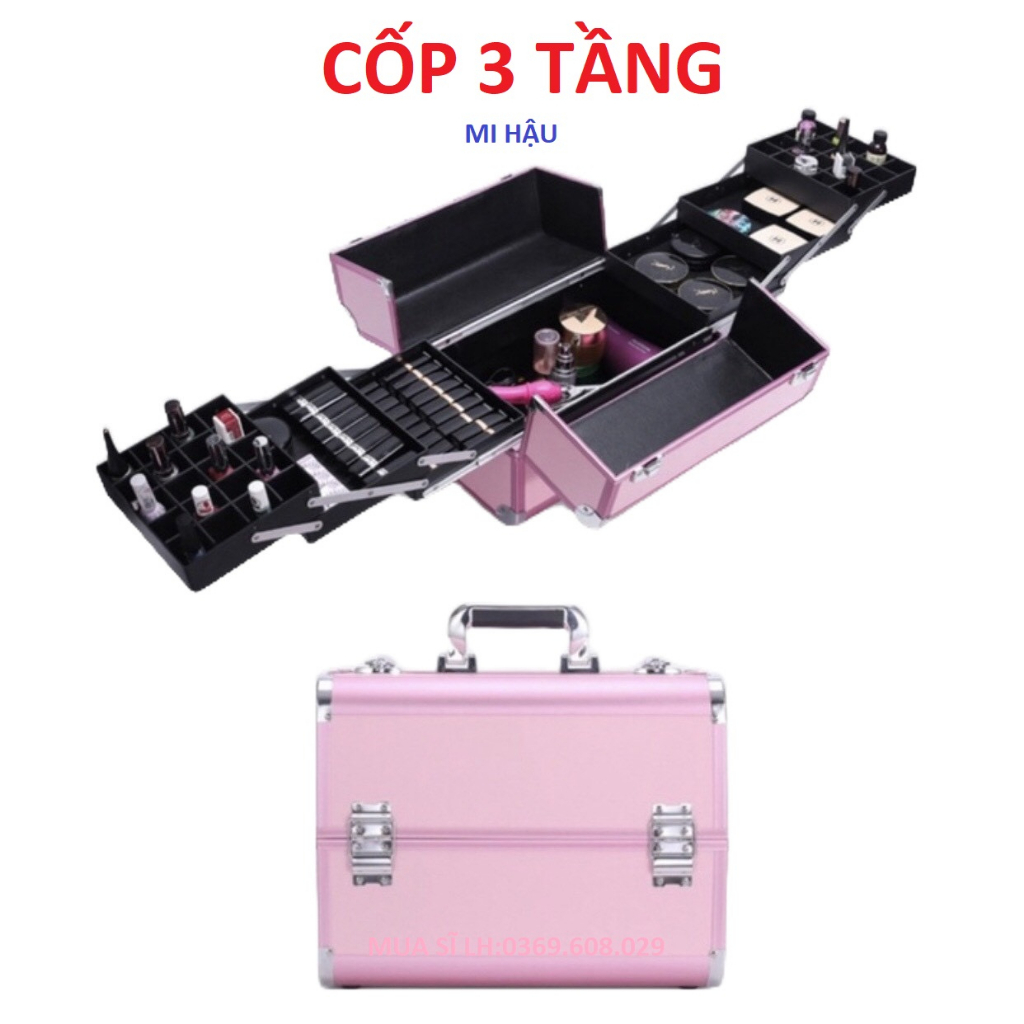 Cốp 3 Tầng Đựng Đồ Nail,Mi, Phun Xăm, Trang Điểm,Cốp Nhôm 2 Khuy Size 37x29x23 Hộp Đựng Đồ Nghề Make Up,Tủ Nhôm Loại Lớn