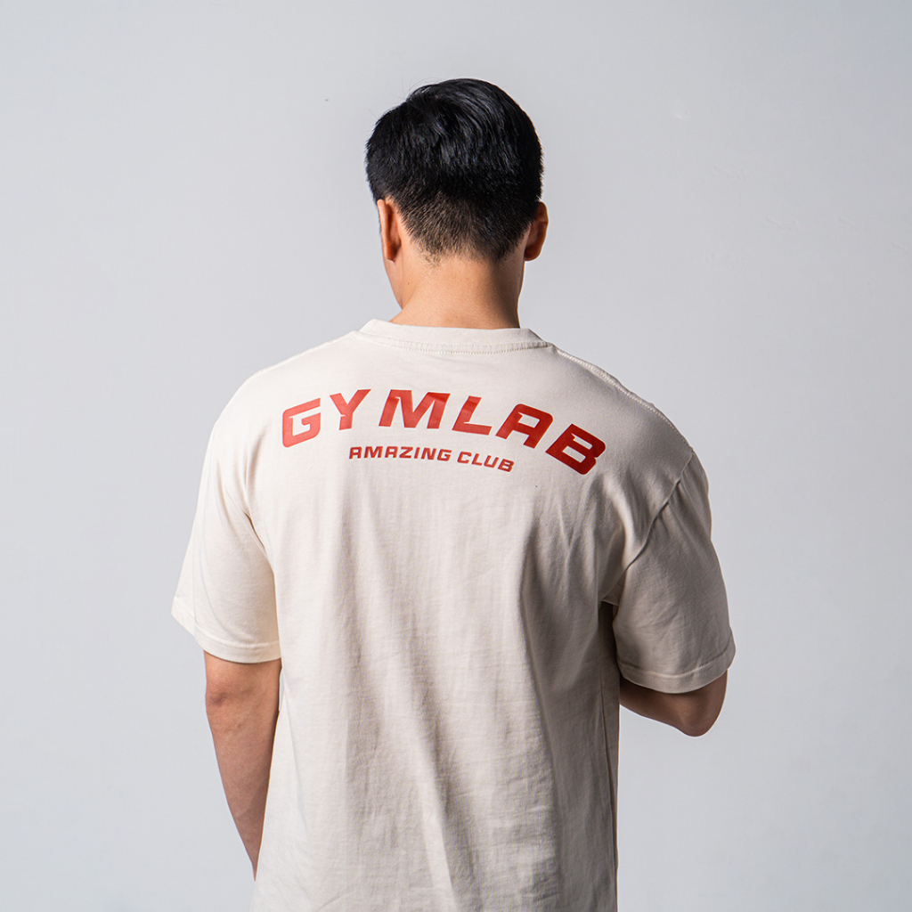 Áo thun tập gym thể thao nam Gymlab tay ngắn cổ tròn form oversize vải cotton cao cấp 250GSM – Màu Kem