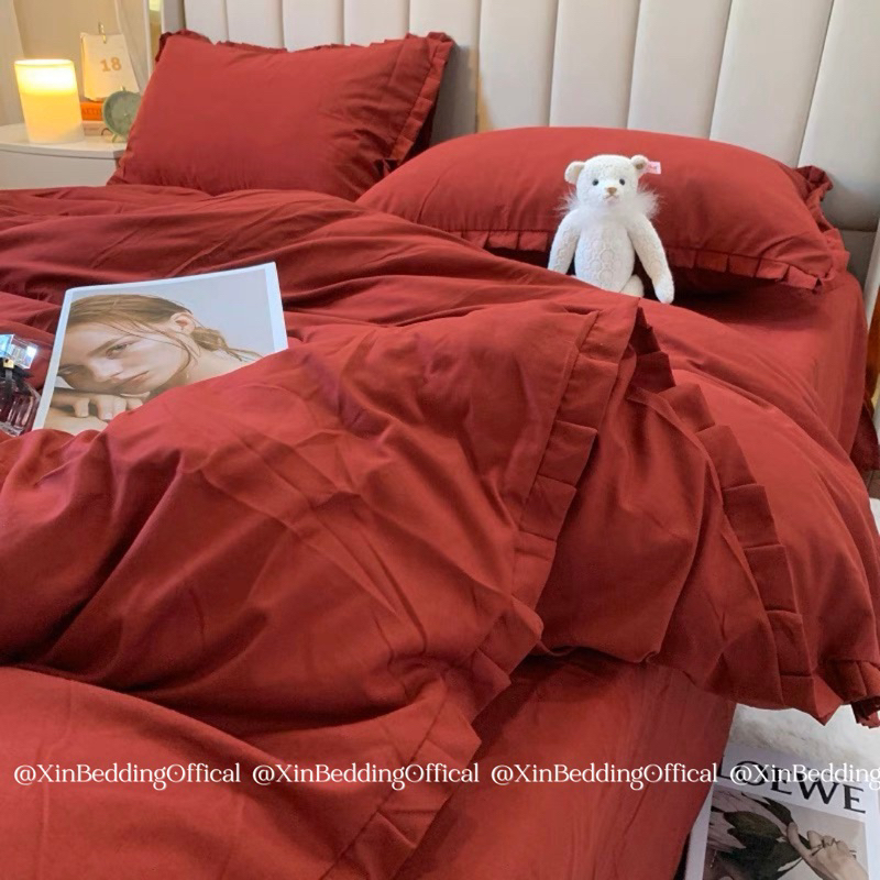 Bộ ga gối và vỏ chăn Cotton Tici viền bèo ngắn cách điệu cao cấp mẫu Đỏ Đô Xịn Bedding