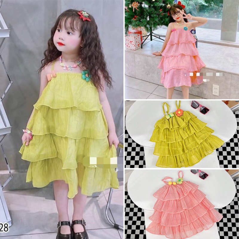Váy 2 dây xếp tầng gắn phụ kiện xinh iu cho bé gái