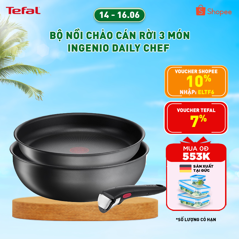 Bộ nồi chảo cán rời 3 món Ingenio Daily Chef (chảo sâu 26cm, chảo chiên 24cm, cán cầm rời) (8 năm)
