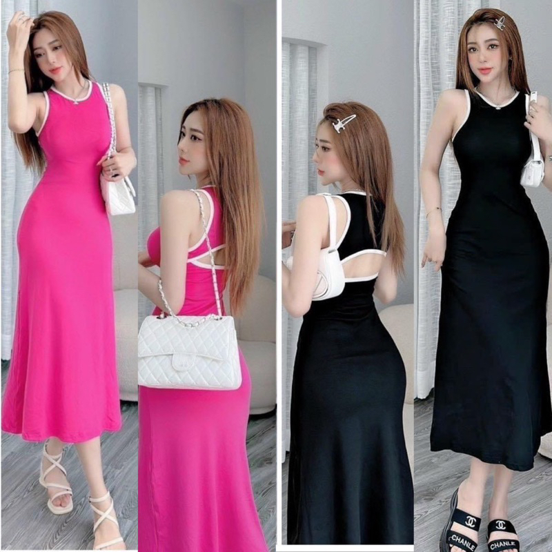 Đầm Maxxi Gân Sát Nách Chạy Viền Dáng Xoè Khoét Sau Lưng