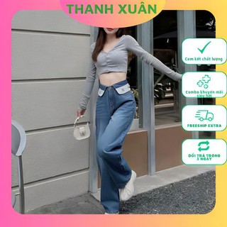 MS 5 Quần jean nữ ống suông rộng lưng thêu dáng trơn