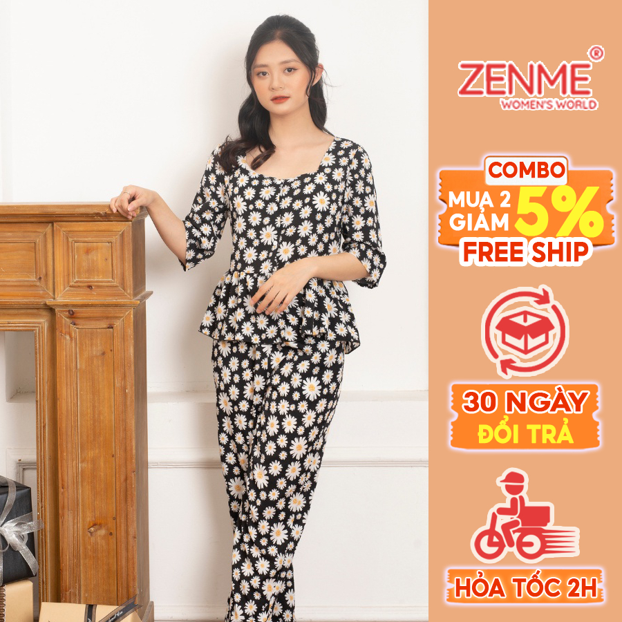 Đồ Bộ Nữ Mặc Nhà Tay Lửng Quần Dài Cổ Vuông Nữ Tính PJB1221, Zen Me Women's World