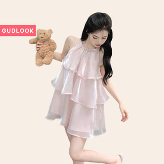 Áo Váy Cổ Yếm GUDLOOK Xếp 3 Tầng Trơn Bóng Tiểu Thư