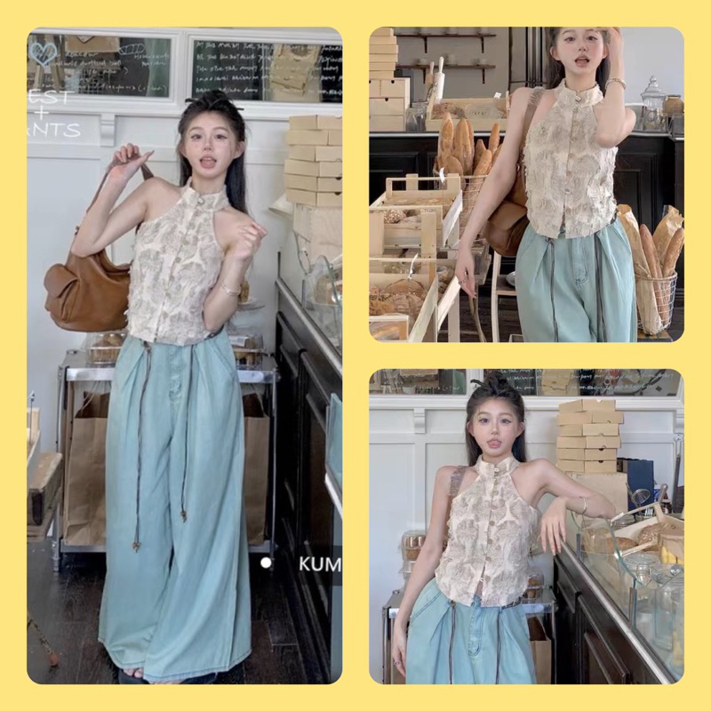 Set Áo Cổ Yếm Quần Jean Xanh Nhạt Ống Rộng