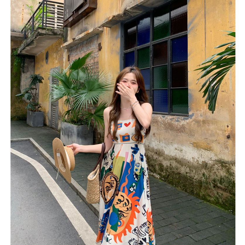 Đầm maxi hai dây hoạ tiết thổ cẩm phong cách Boho, váy maxi đi biển kiểu Boho vintage