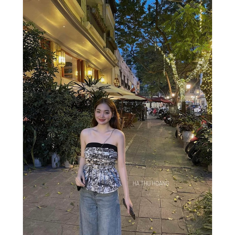 Áo quây họa tiết be xanh xám lưng chun hót (kèm ảnh thật)