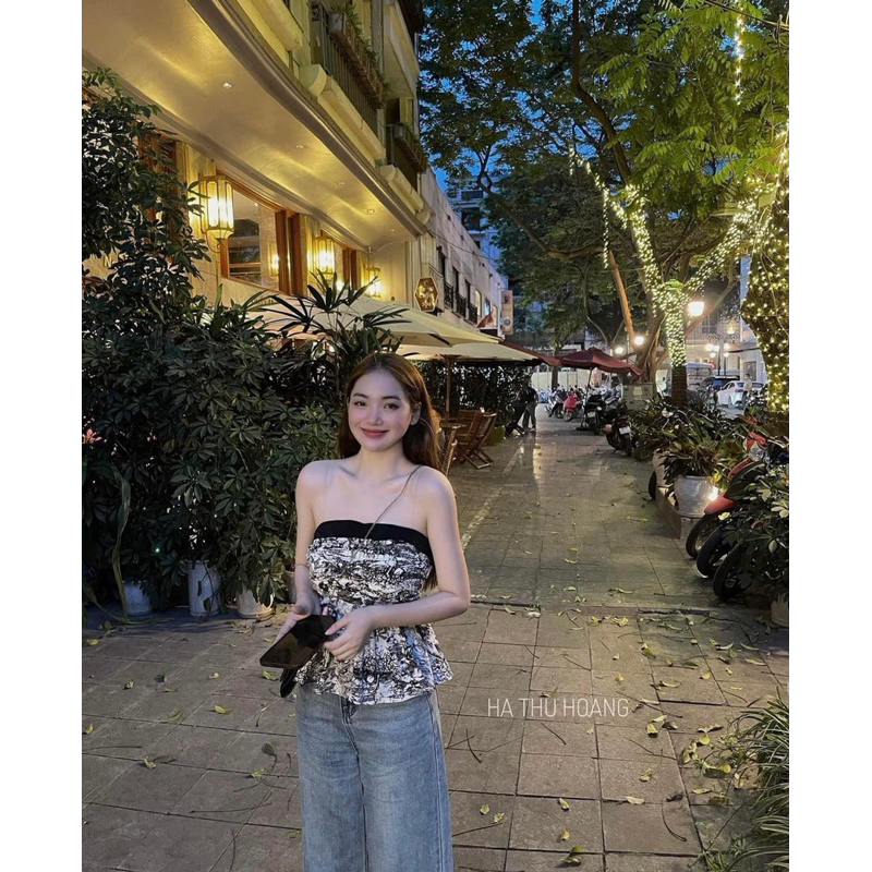 Áo quây họa tiết be xanh xám lưng chun hót (kèm ảnh thật)