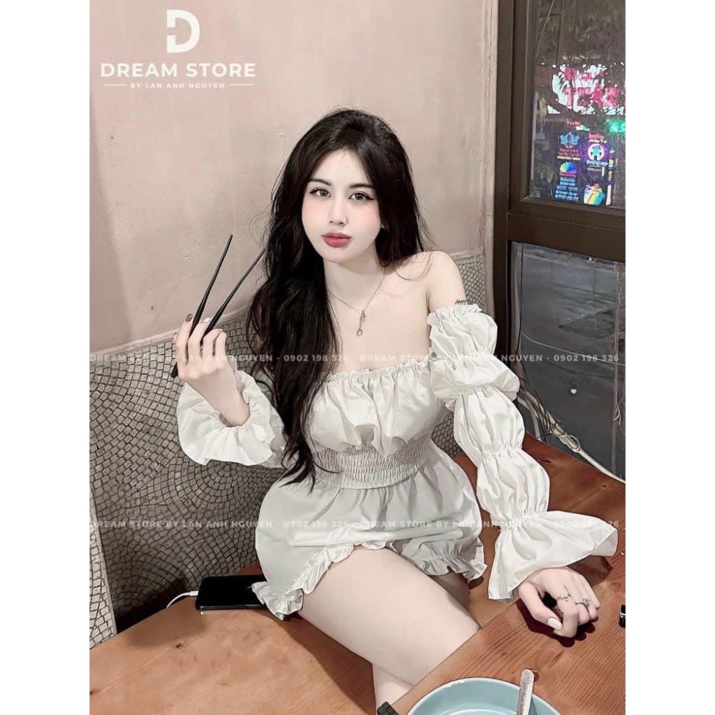 Set jum tay phồng trễ vai đùi viền bèo, Jumpsuit quần ngắn chất vải kate trễ vai nhún thun tôn dáng phong cách quyến rũ