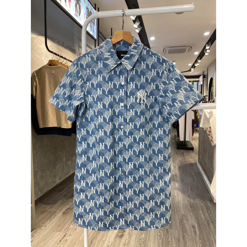 Đầm Váy mlb Women's Cube Monogram Print Denim Dress New York Yankees 3Fddm0133