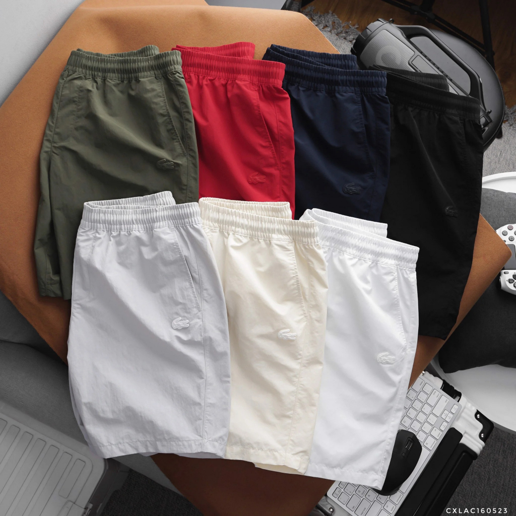 Quần Short Dù LACOSTE 2023 Nam Đi Biển Thể Thao Trơn Basic logo silicon Túi Ziper Khóa Kéo 7 Màu